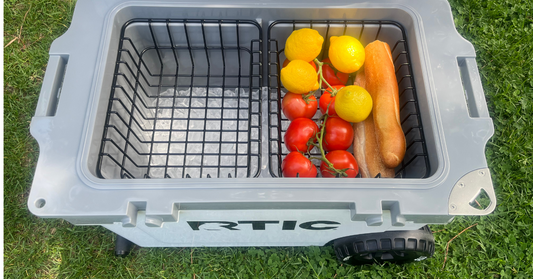 wire baskets holding food in rtic 52 ultra-light wheeled cooler