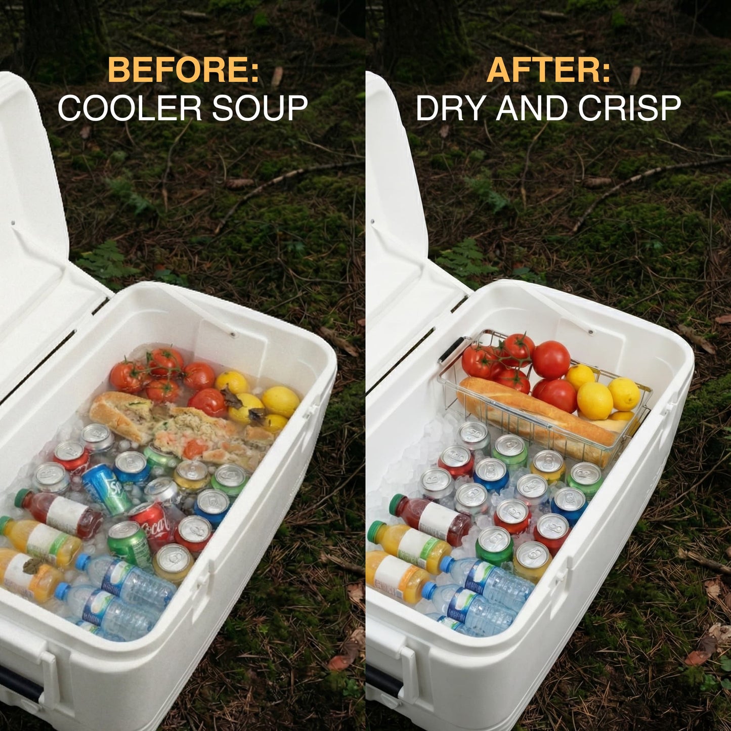 Before and after comparison of a cooler using the adjustable cooler basket in a a white igloo cooler