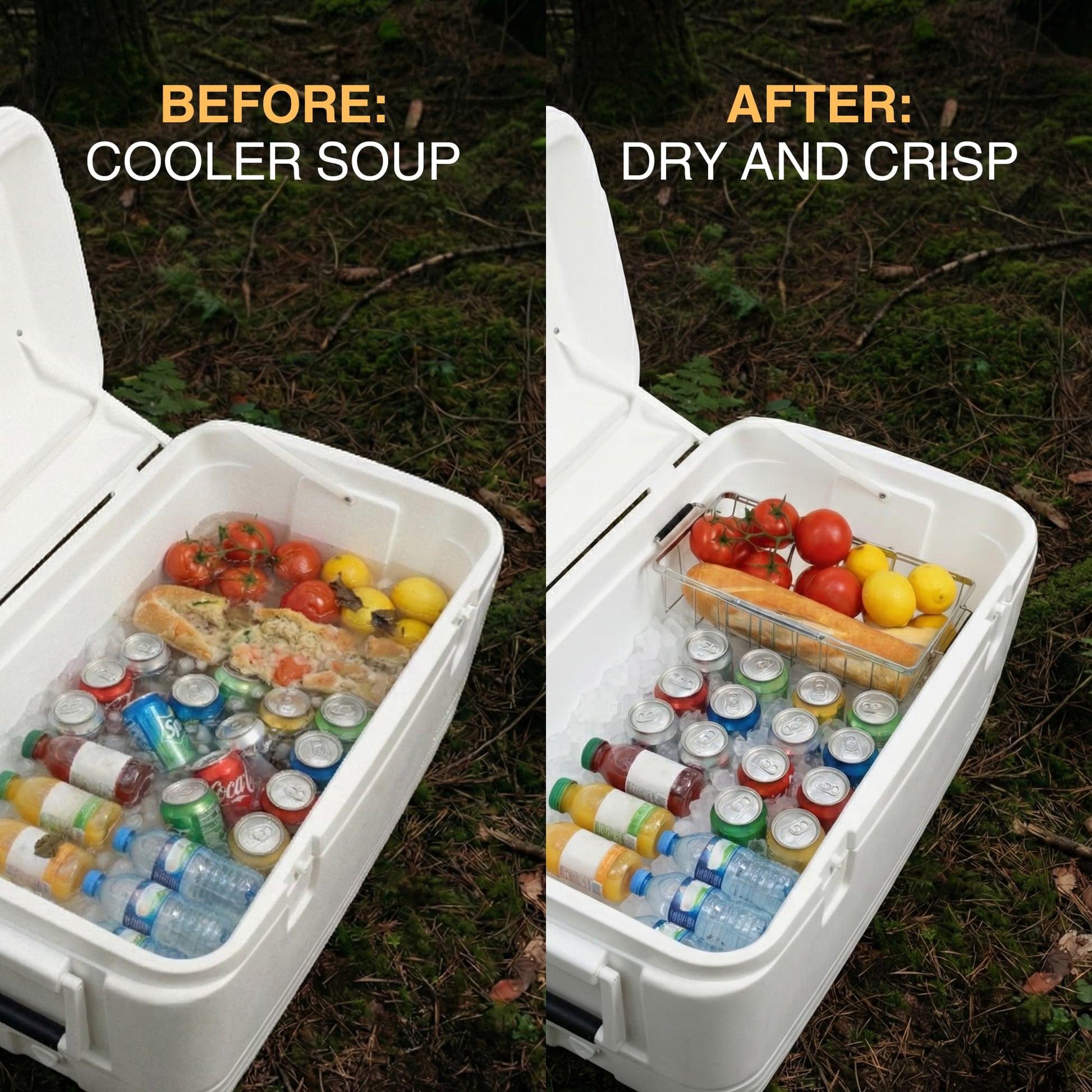 Before and after comparison of a cooler using the adjustable cooler basket in a a white igloo cooler