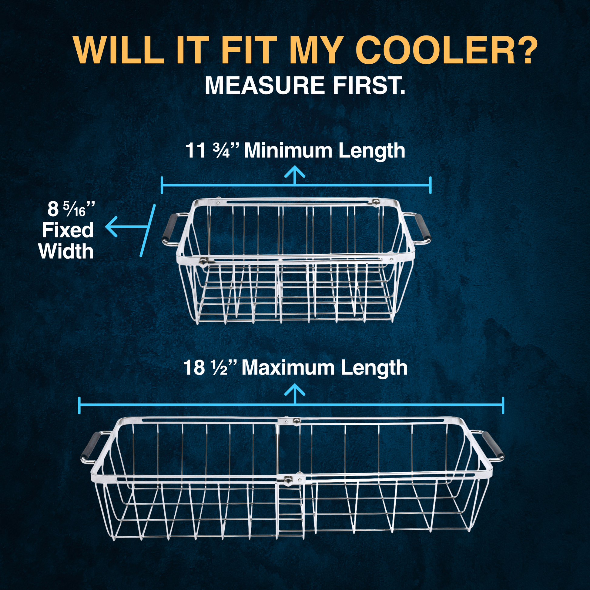 Measurement guide for a wire cooler basket with dimensions on a dark blue background.