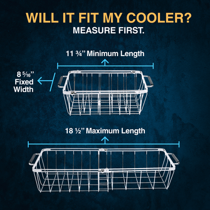 Measurement guide for a wire cooler basket with dimensions on a dark blue background.