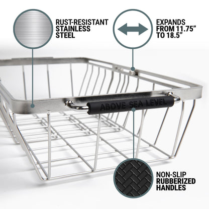 Stainless steel adjustable cooler basket with features highlighted on a white background
