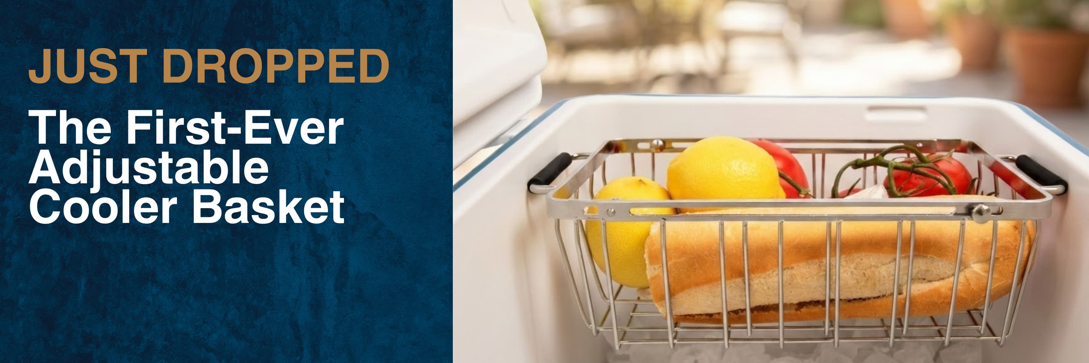 Adjustable cooler basket with fruits and vegetables inside
