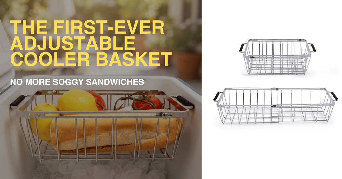 Adjustable cooler basket with food items and graphics highlighting its features.