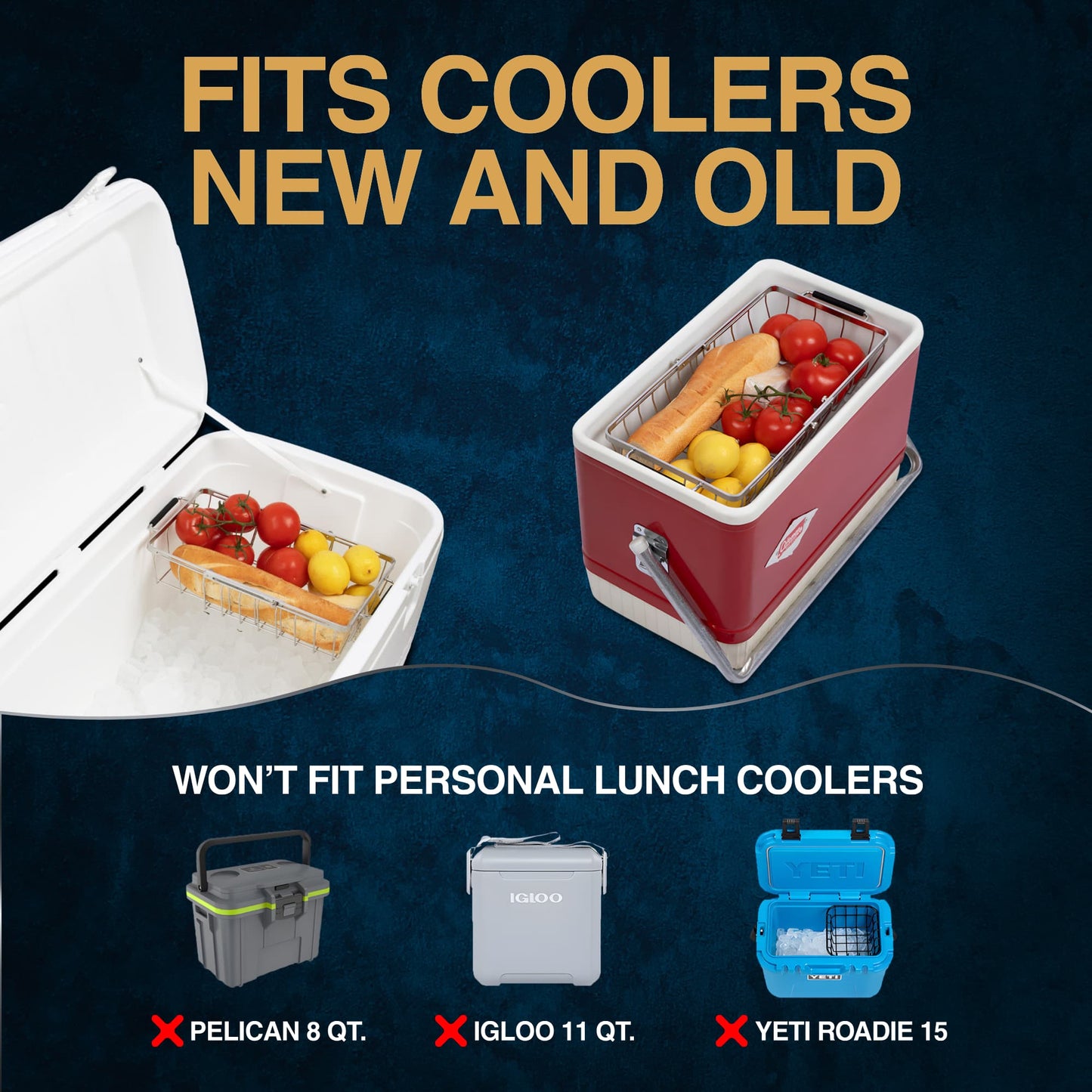 Two coolers with food items inside, text indicating compatibility with coolers new and old, and exclusion from personal lunch coolers. shown igloo and coleman coolers