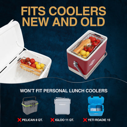 Two coolers with food items inside, text indicating compatibility with coolers new and old, and exclusion from personal lunch coolers. shown igloo and coleman coolers
