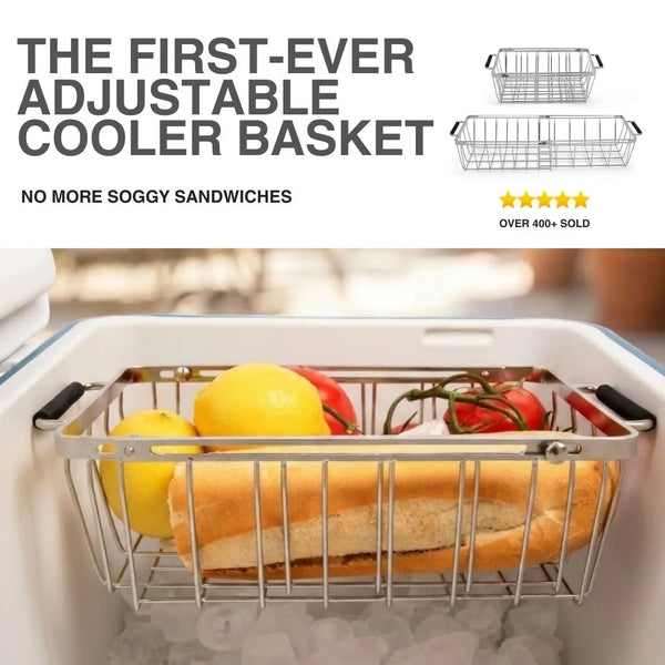 above sea level adjustable universal cooler basket shown with bread and food inside elevated above ice