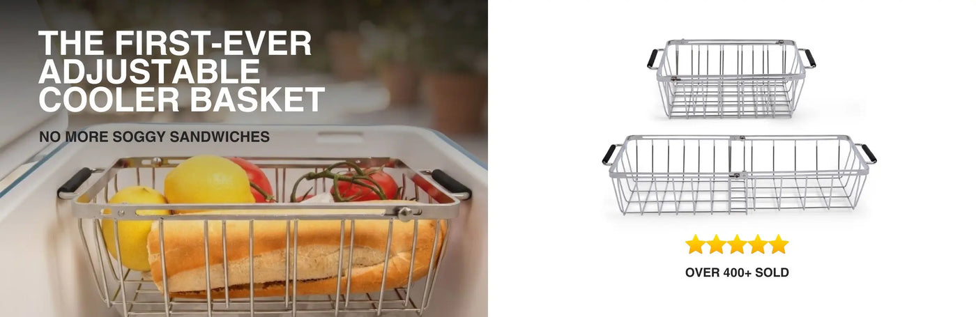 Adjustable cooler basket with fruits and vegetables, shown with a five-star rating and text about adjustable design.
