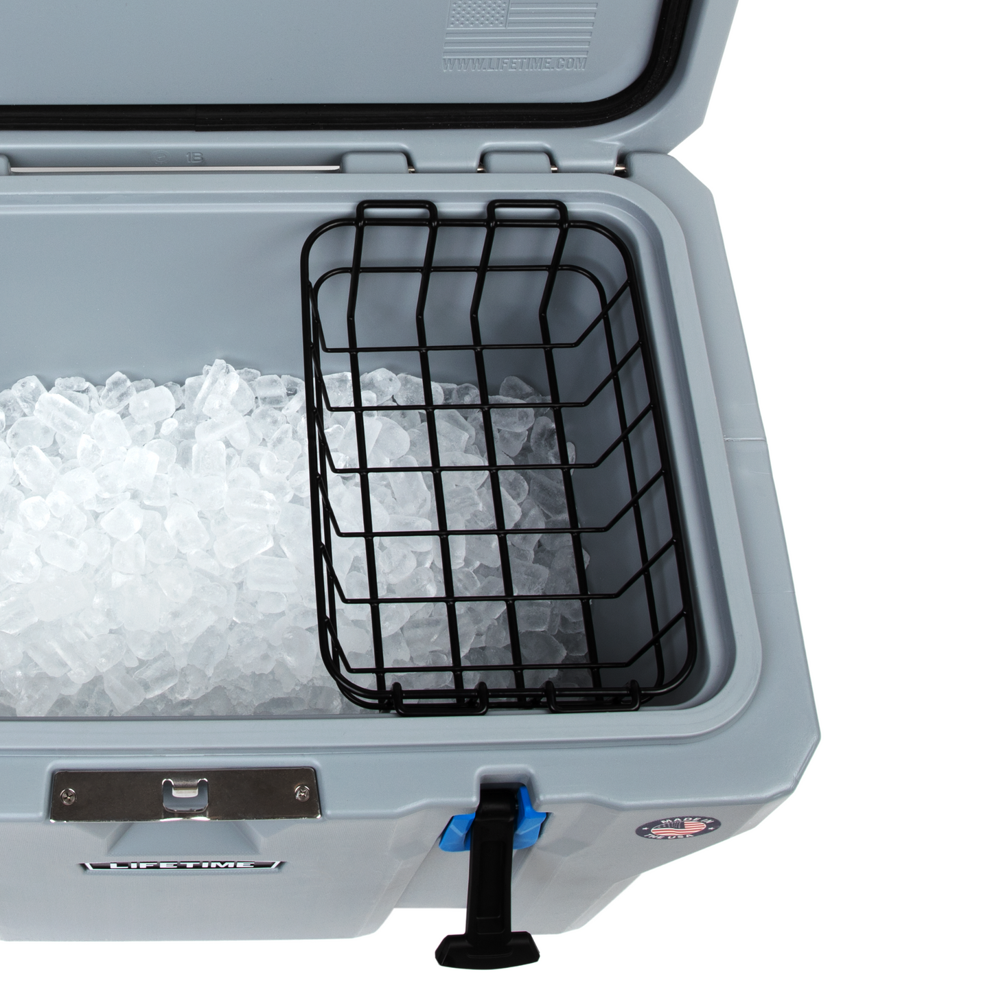 black wire lifetime cooler basket installed in a lifetime cooler