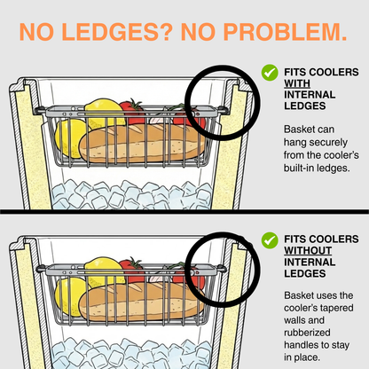 drawing of an adjustable cooler basket. fitting into coolers with and without ledges